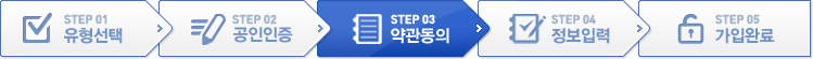 STEP 01 유형선택, STEP 02 공인인증, STEP 03 약관동의, STEP 04 정보입력, STEP 05 가입완료 중 STEP 03 약관동의 진행중입니다. 